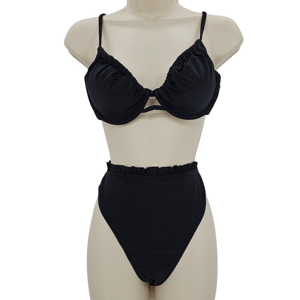 Cupshe Womans size M Push Up Drawstring Top Ruffle Cheeky Bikini Black NEW